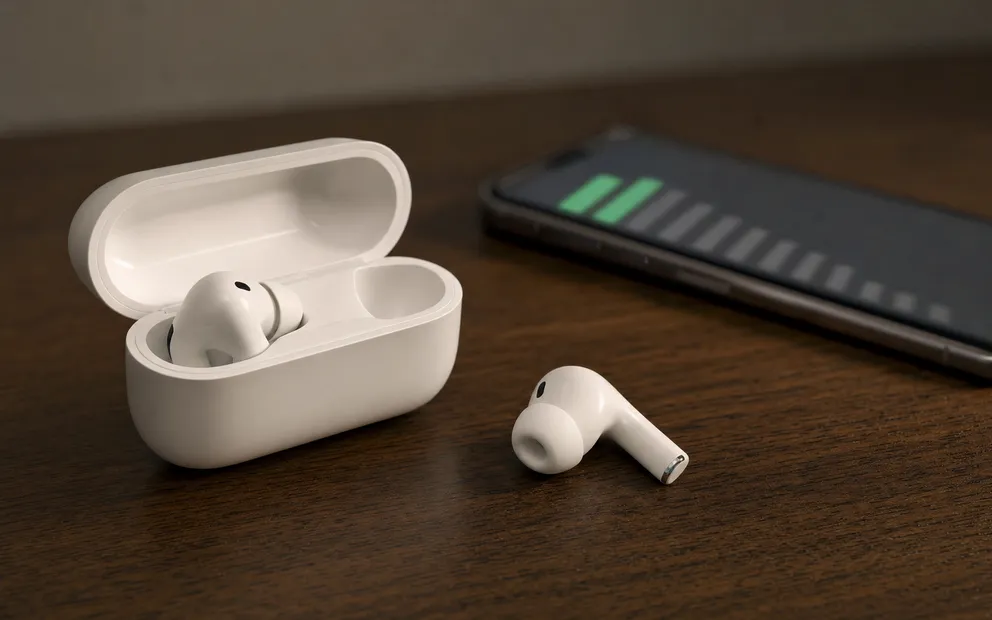 AirPods Pro in an open case on a desk next to an iPhone showing an equalizer with the low bands raised