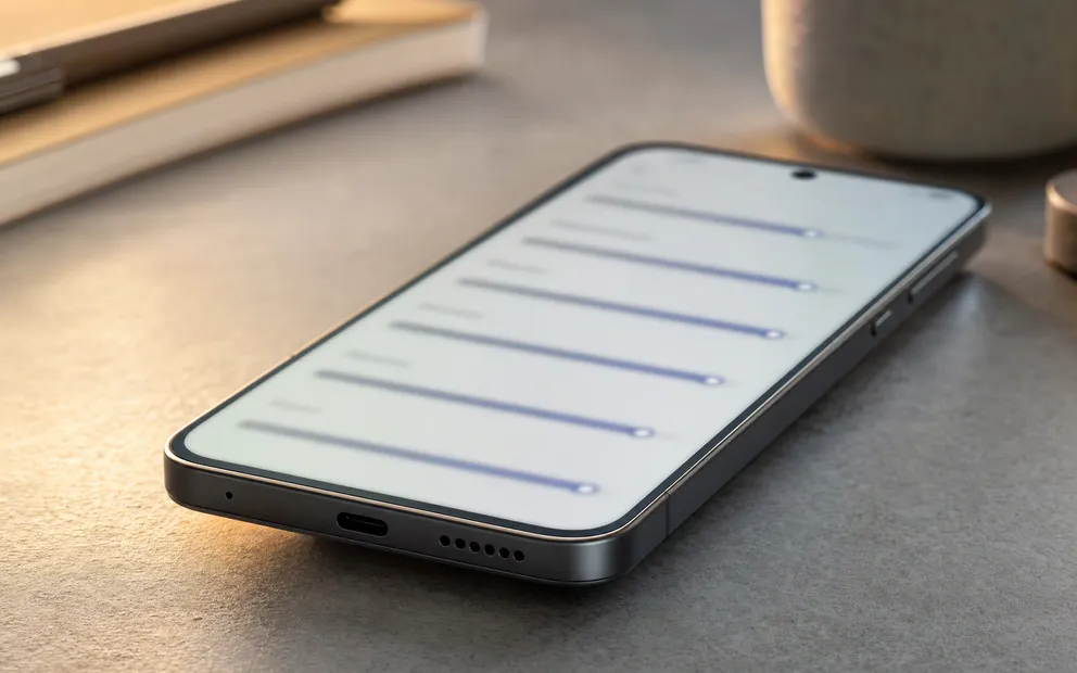 An Android phone lying face-up showing a settings screen of sliders, its bottom speaker grille in the foreground