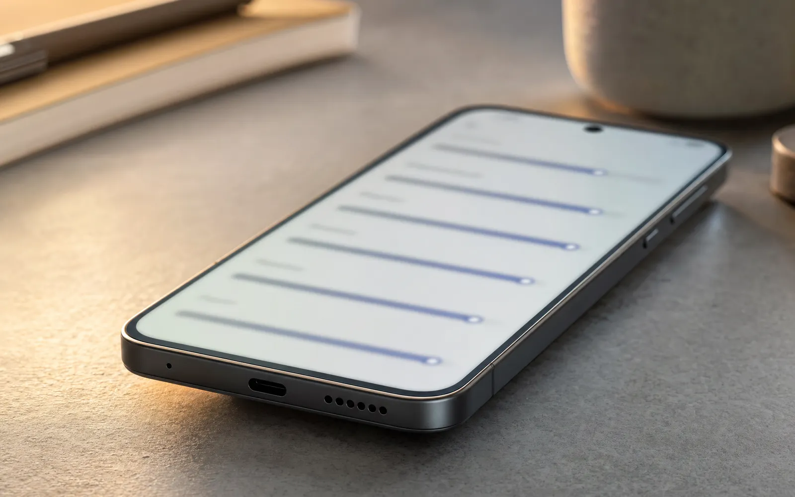 An Android phone lying face-up showing a settings screen of sliders, its bottom speaker grille in the foreground