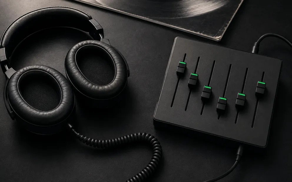 Headphones resting on a phone showing an equalizer curve, on a dark desk