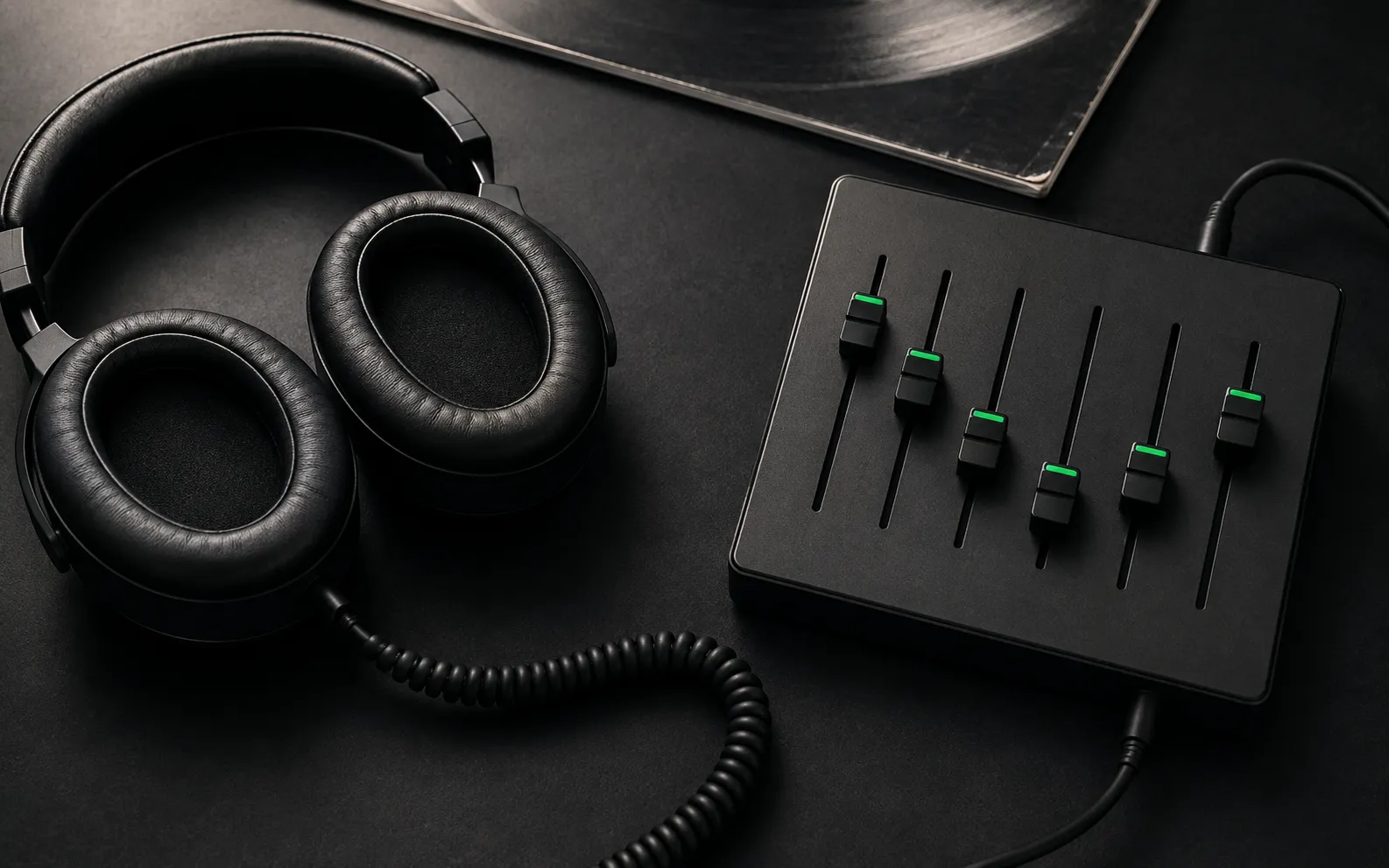 Headphones resting on a phone showing an equalizer curve, on a dark desk