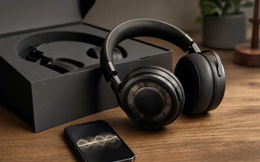A pair of over-ear headphones on a wooden desk next to an open box and a phone playing a test tone