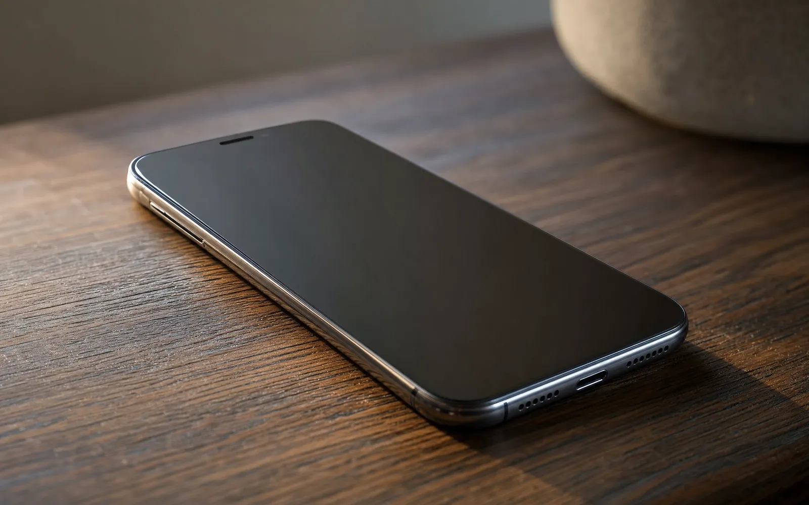 A phone lying face-up with both the earpiece slot at the top and the speaker holes on the bottom edge visible