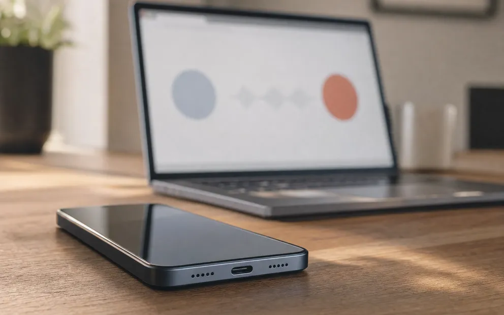 A phone lying on a desk beside a laptop showing a browser-based speaker test