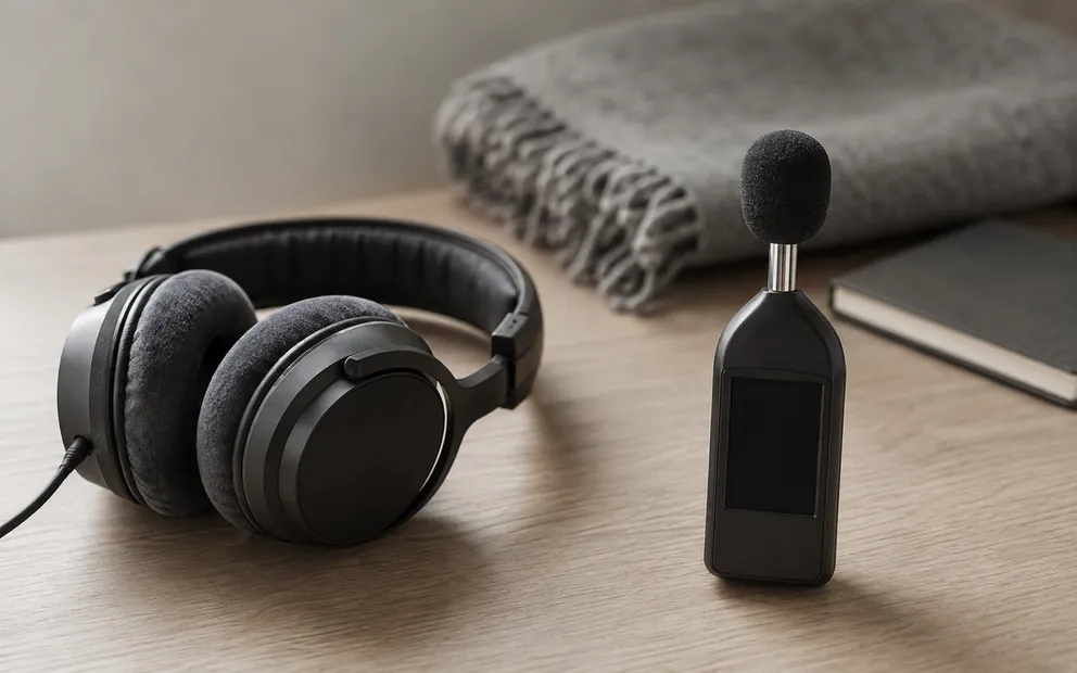 A pair of over-ear headphones resting beside a sound level meter on a quiet desk