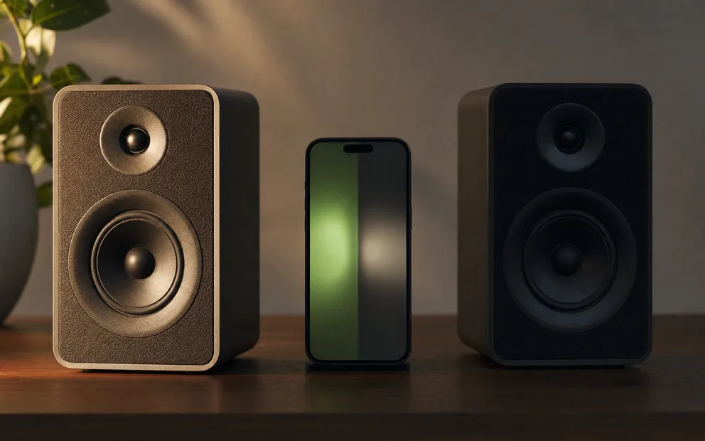 A pair of bookshelf speakers on a desk, one lit and one in shadow, with a phone showing a left/right test between them