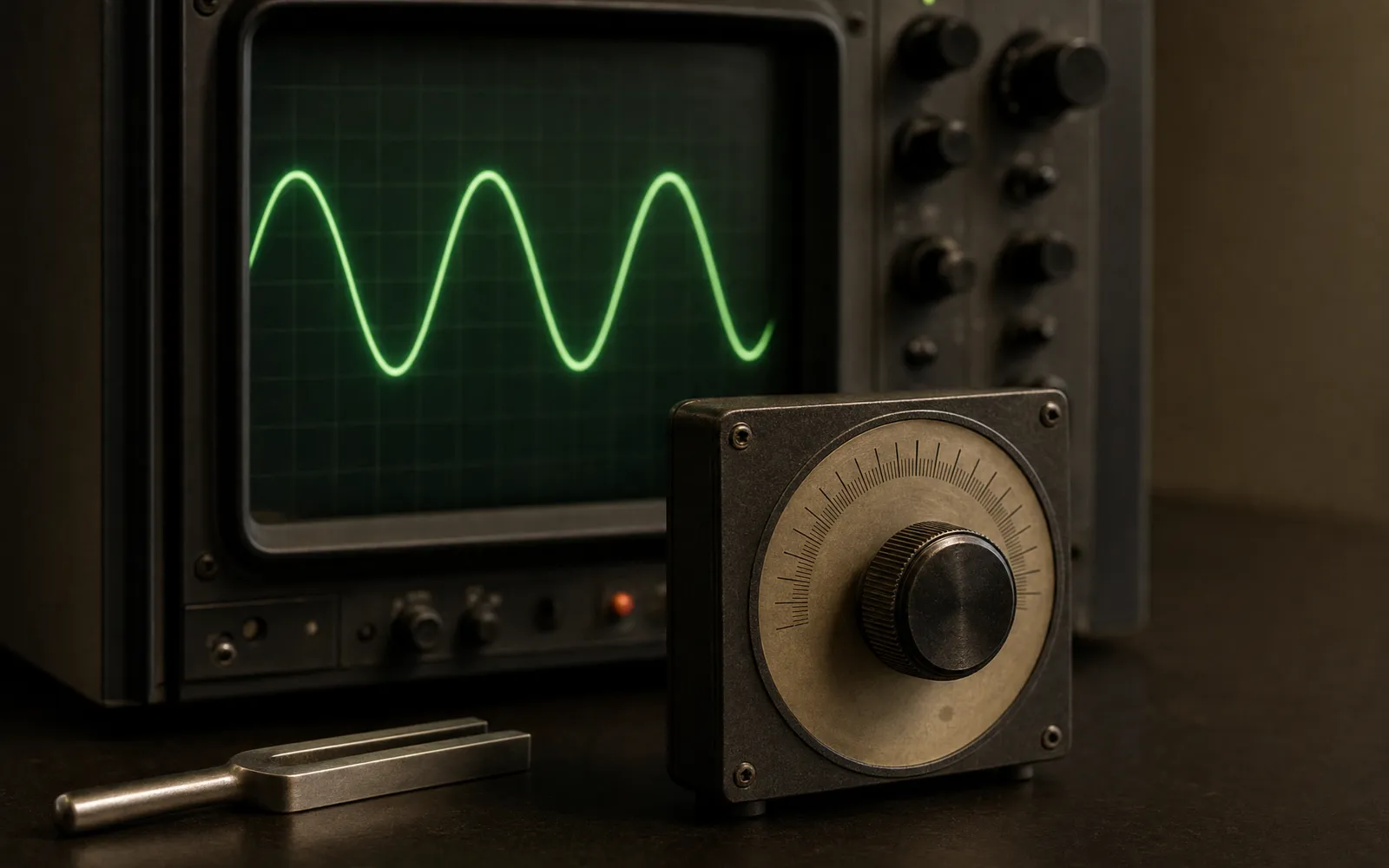 An oscilloscope-style sine wave glowing on a dark screen beside a frequency dial reading 440 Hz