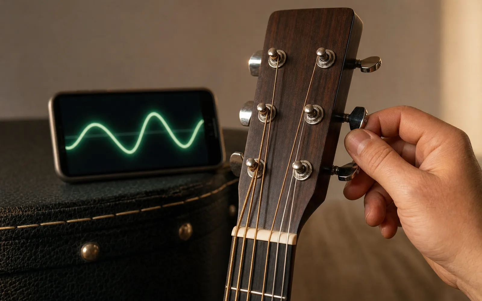 A hand turning a tuning peg on an acoustic guitar headstock, with a phone behind it showing a sine wave