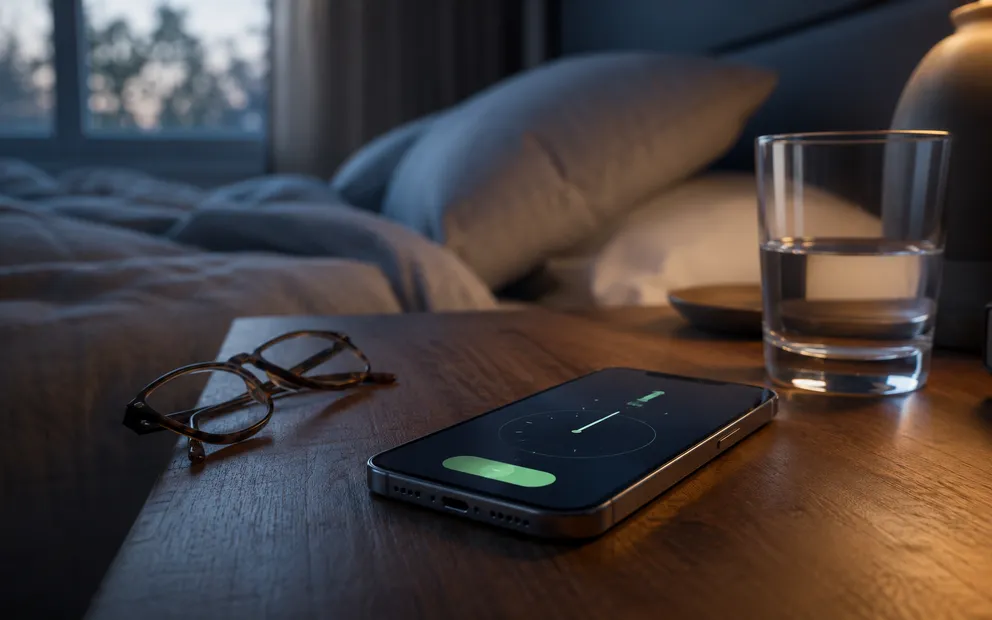 iPhone on a bedside table showing an alarm going off, next to the Sounds & Haptics ringer slider